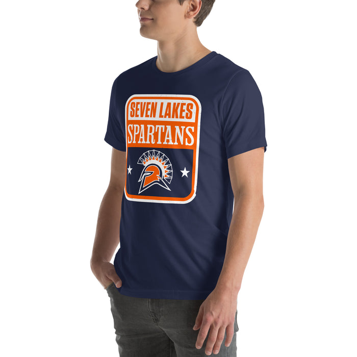 Man wearing Seven Lakes High School Spartans Navy Blue Premium Unisex T-shirt 001