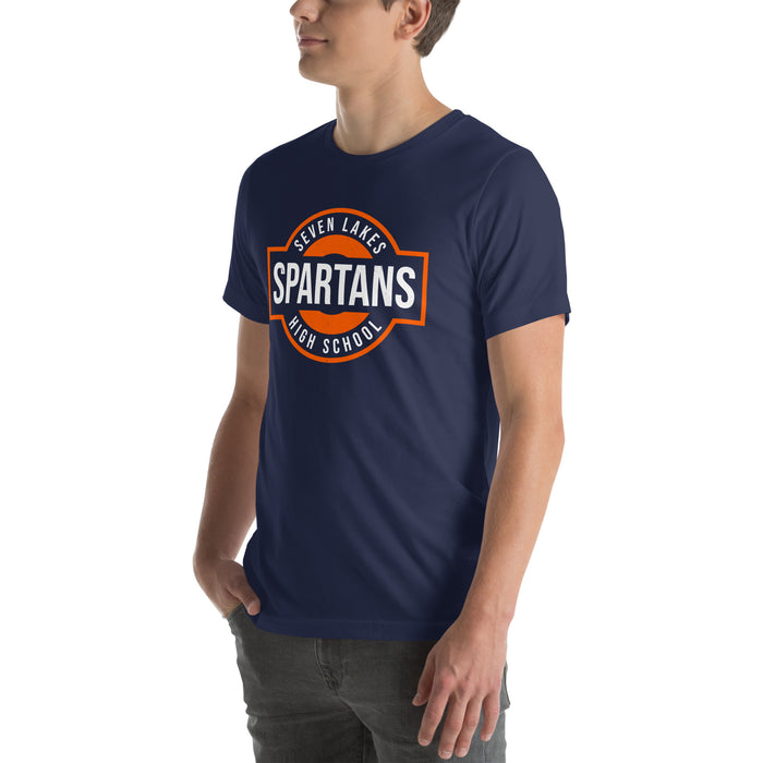 Man wearing Seven Lakes High School Spartans Navy Blue Premium Unisex T-shirt 011