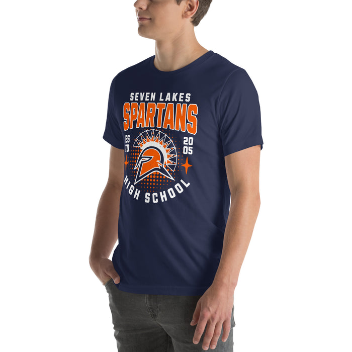 Man wearing Seven Lakes High School Spartans Navy Blue Premium Unisex T-shirt 204