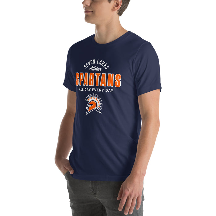 Man wearing Seven Lakes High School Spartans Navy Blue Premium Unisex T-shirt 040