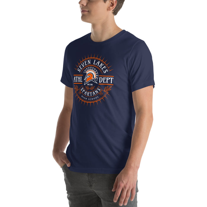 Man wearing Seven Lakes High School Spartans Navy Blue Premium Unisex T-shirt 201