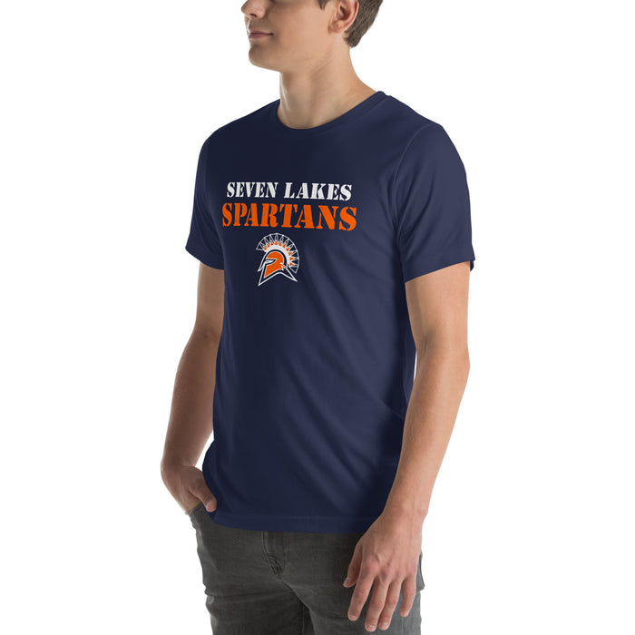 Man wearing Seven Lakes High School Spartans Navy Blue Premium Unisex T-shirt 017