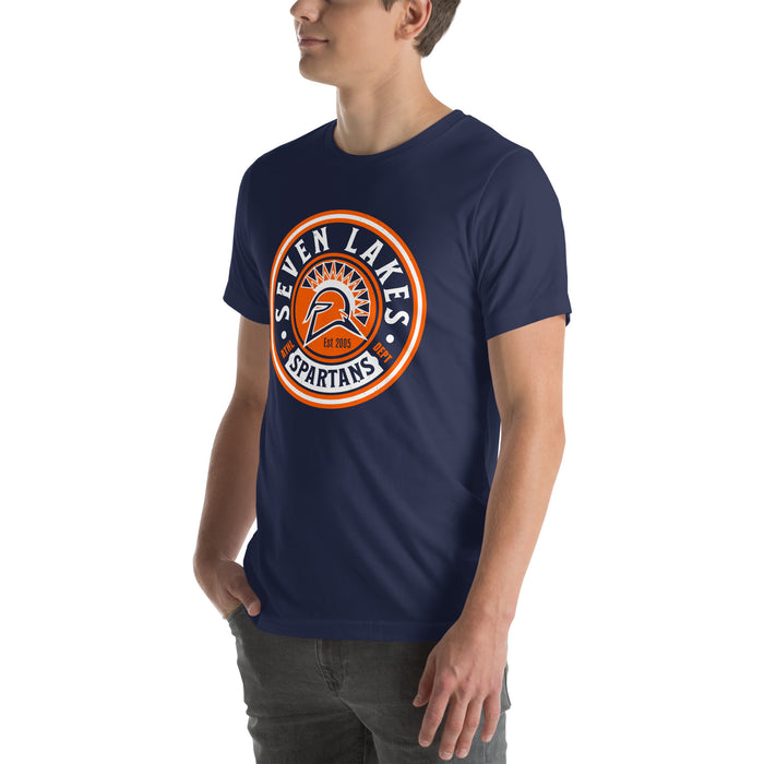Man wearing Seven Lakes High School Spartans Navy Blue Premium Unisex T-shirt 220