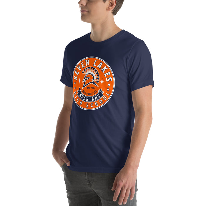 Man wearing Seven Lakes High School Spartans Navy Blue Premium Unisex T-shirt 215