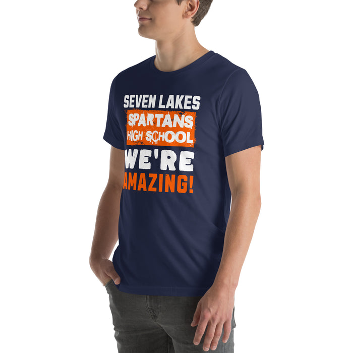 Man wearing Seven Lakes High School Spartans Navy Blue Premium Unisex T-shirt 231