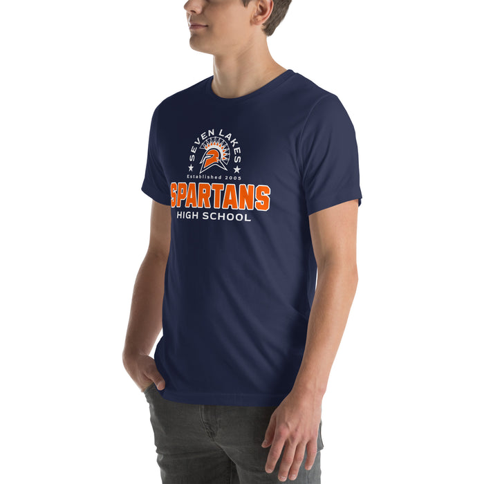 Man wearing Seven Lakes High School Spartans Navy Blue Premium Unisex T-shirt 222