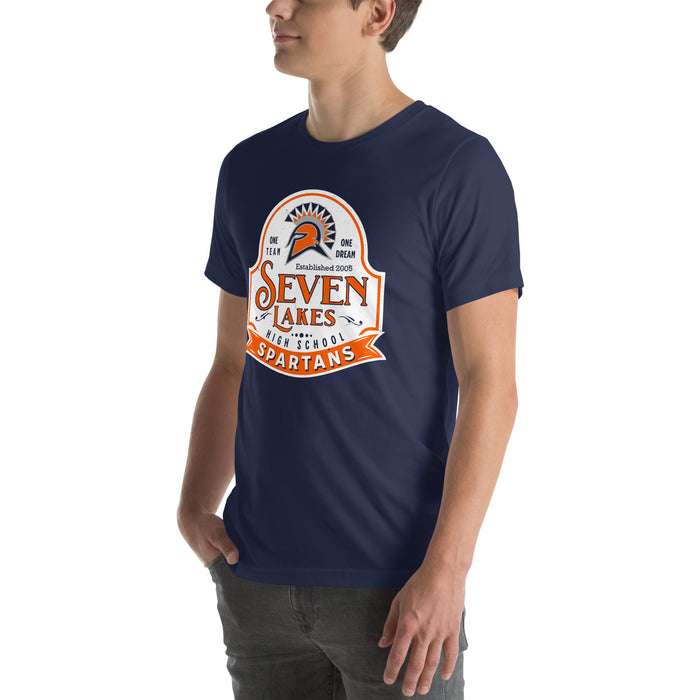 Man wearing Seven Lakes High School Spartans Navy Blue Premium Unisex T-shirt 219