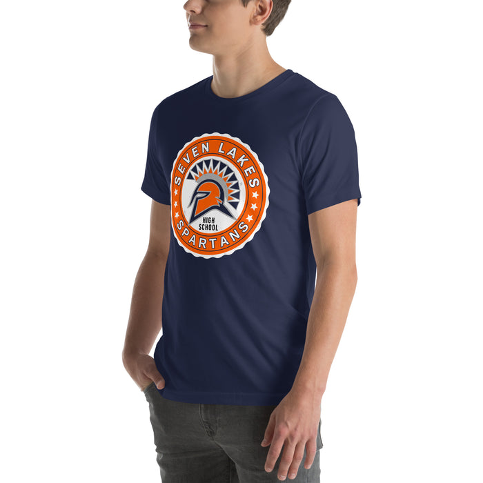 Man wearing Seven Lakes High School Spartans Navy Blue Premium Unisex T-shirt 216