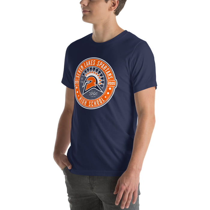 Man wearing Seven Lakes High School Spartans Navy Blue Premium Unisex T-shirt 224