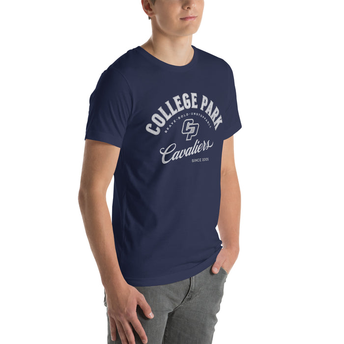 Man wearing a College Park High School Cavaliers Premium Navy Unisex T-shirt 201