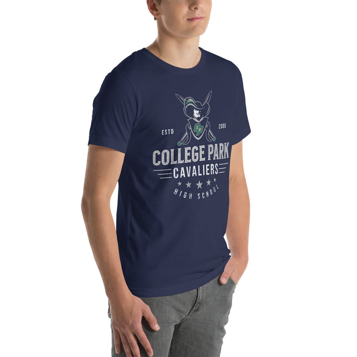 Man wearing a College Park High School Cavaliers Premium Navy Unisex T-shirt 206