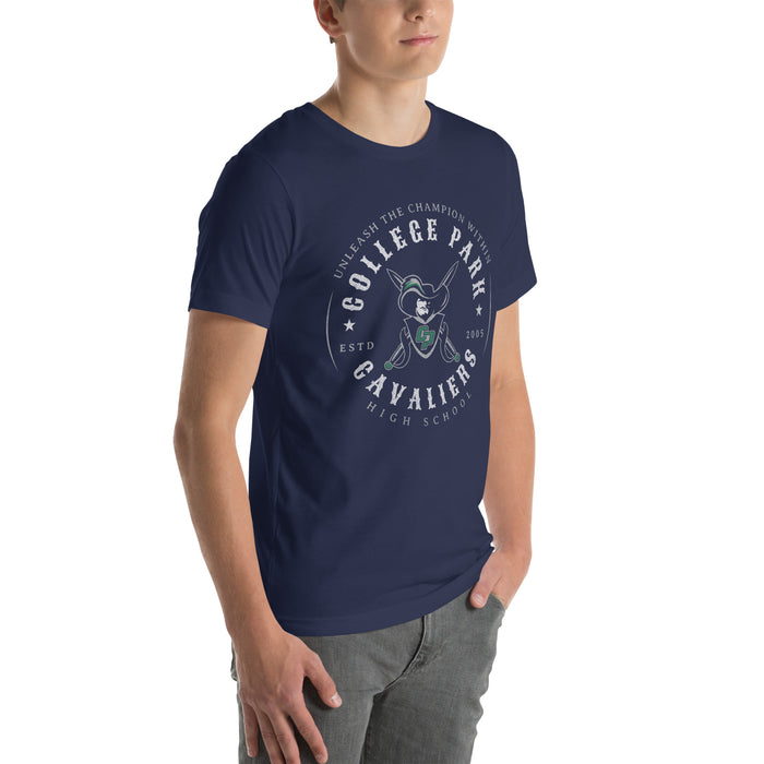 Man wearing a College Park High School Cavaliers Premium Navy Unisex T-shirt 211