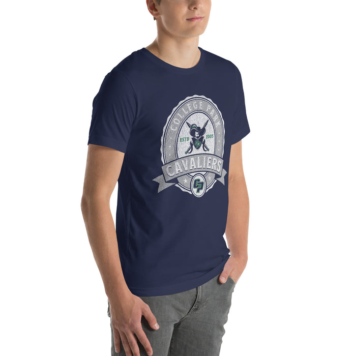 Man wearing a College Park High School Cavaliers Premium Navy Unisex T-shirt 213