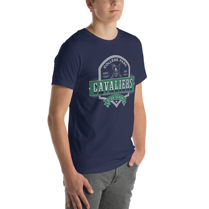 Man wearing a College Park High School Cavaliers Premium Navy Unisex T-shirt 223