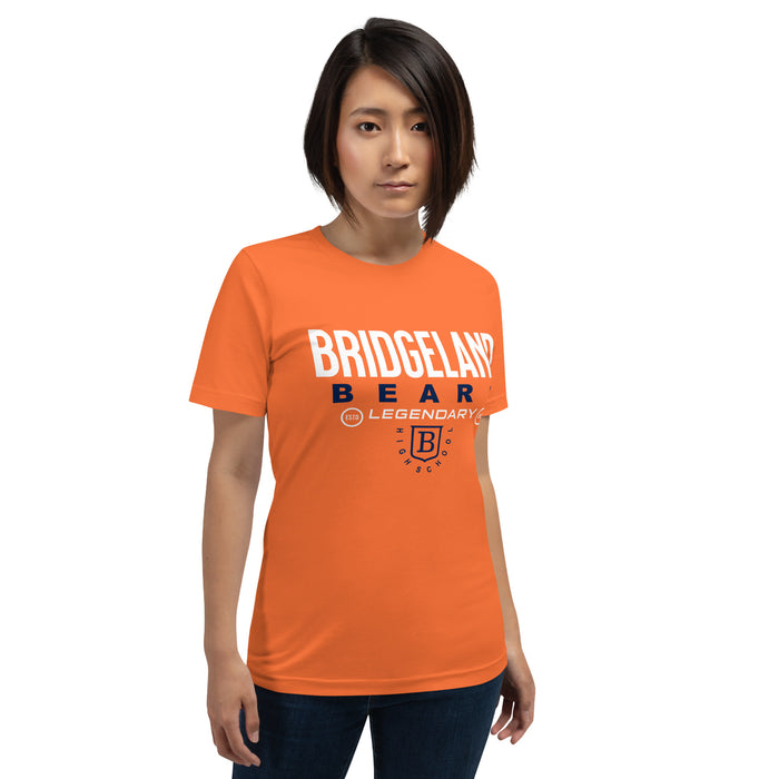 Woman wearing a Bridgeland High School Bears Premium Orange Unisex T-shirt 03