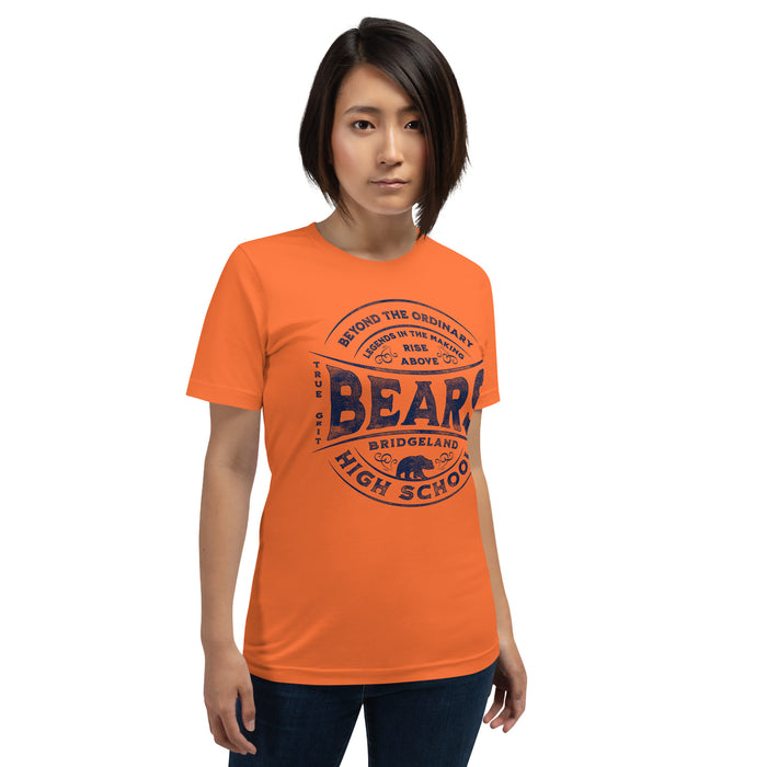 Woman wearing a Bridgeland High School Bears Premium Orange Unisex T-shirt 10