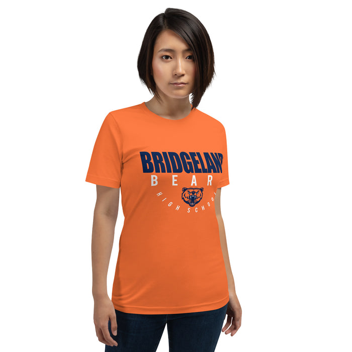 Woman wearing a Bridgeland High School Bears Premium Orange Unisex T-shirt 12