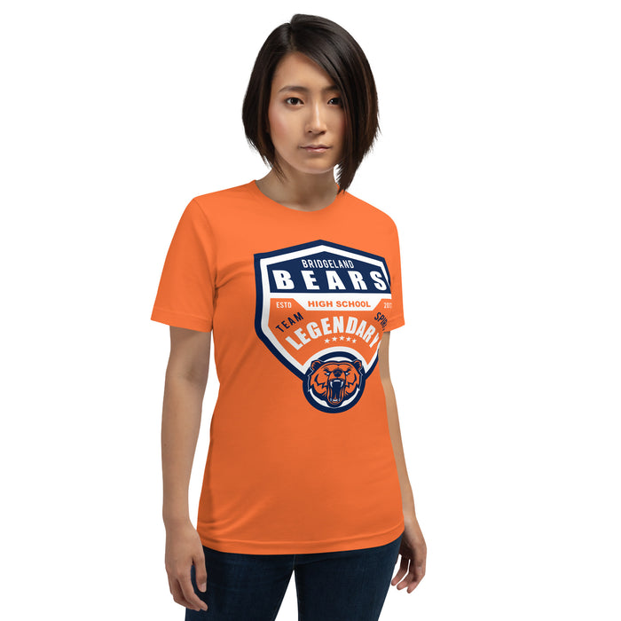 Woman wearing a Bridgeland High School Bears Premium Orange Unisex T-shirt 14