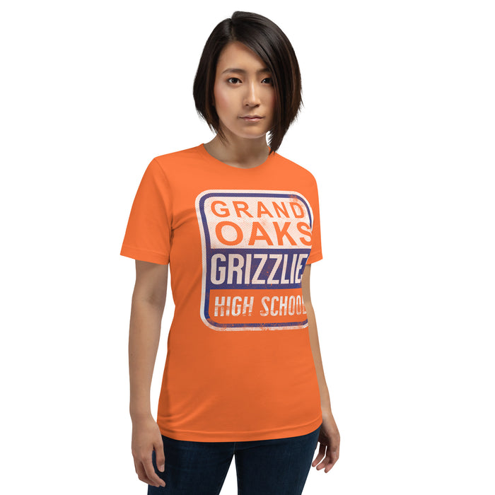 Woman wearing a Grand Oaks High School Grizzlies Premium Orange Unisex T-shirt 01