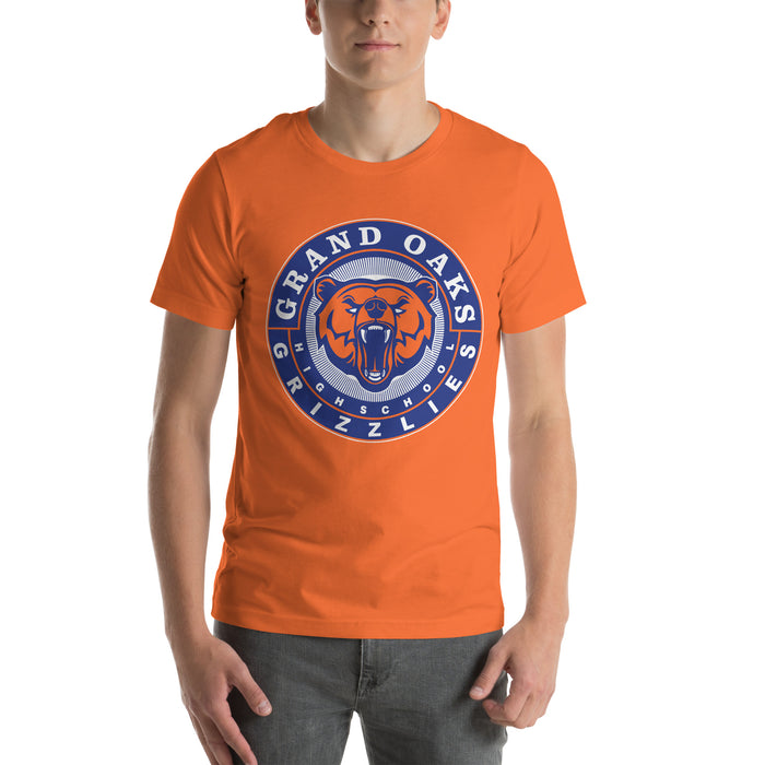 Man wearing a Grand Oaks High School Grizzlies Premium Orange Unisex T-shirt 02 