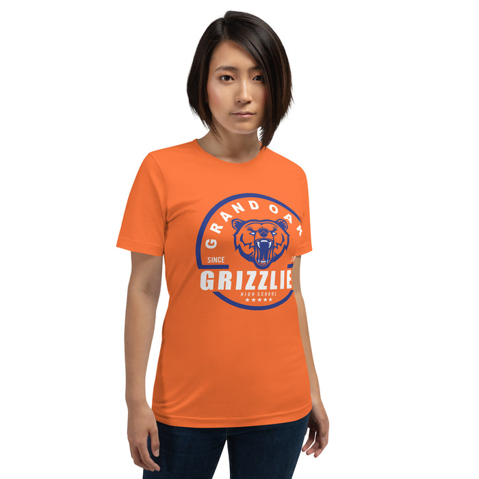 Woman wearing a Grand Oaks High School Grizzlies Premium Orange Unisex T-shirt 04