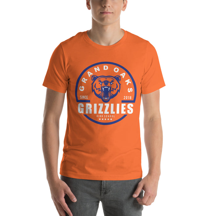 Man wearing a Grand Oaks High School Grizzlies Premium Orange Unisex T-shirt 04