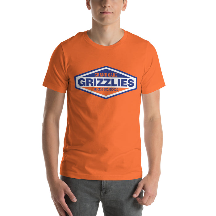 Man wearing a Grand Oaks High School Grizzlies Premium Orange Unisex T-shirt 09