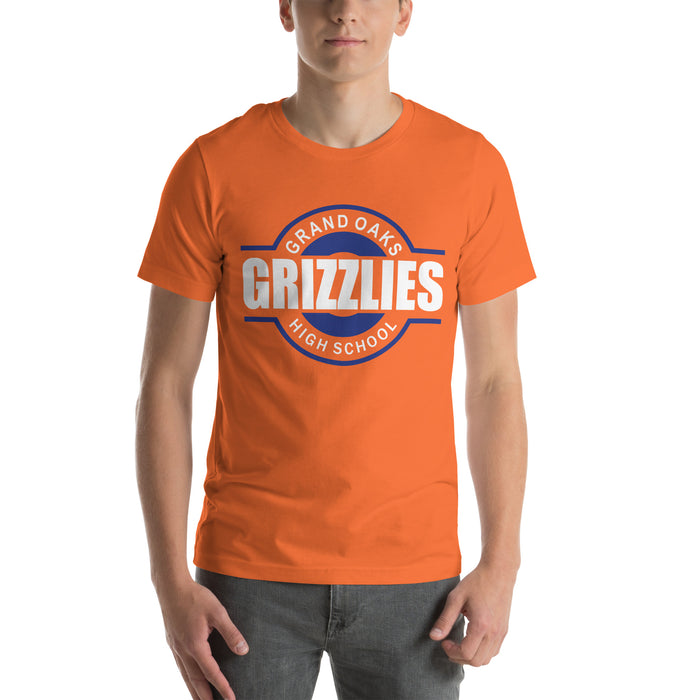 Man wearing a Grand Oaks High School Grizzlies Premium Orange Unisex T-shirt 11