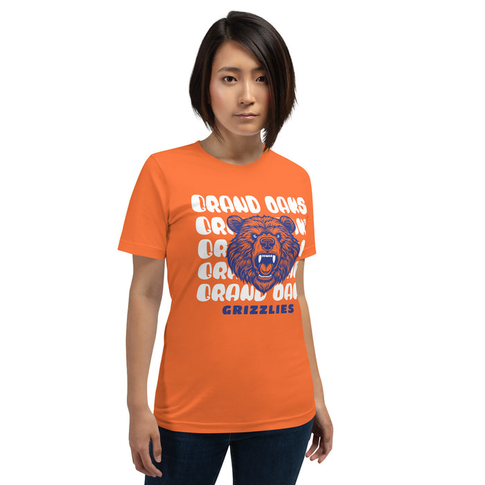 Woman wearing a Grand Oaks High School Grizzlies Premium Orange Unisex T-shirt 28