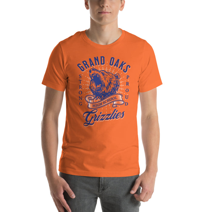 Man wearing a Grand Oaks High School Grizzlies Premium Orange Unisex T-shirt 26