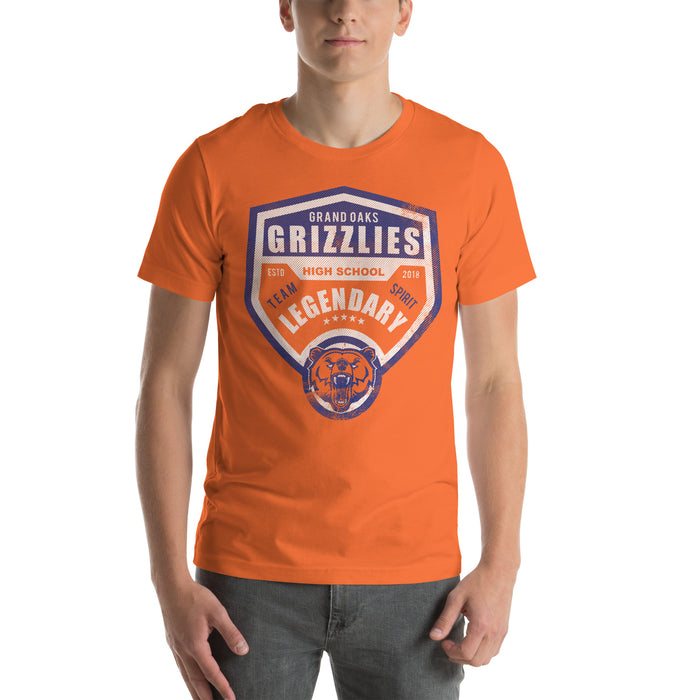 Man wearing a Grand Oaks High School Grizzlies Premium Orange Unisex T-shirt 14