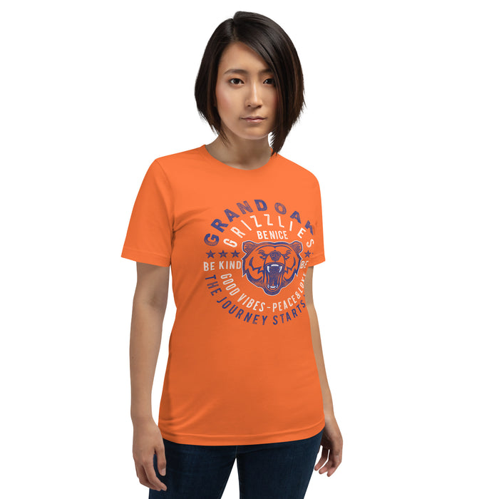 Woman wearing a Grand Oaks High School Grizzlies Premium Orange Unisex T-shirt 16