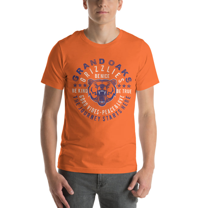 Man wearing a Grand Oaks High School Grizzlies Premium Orange Unisex T-shirt 16