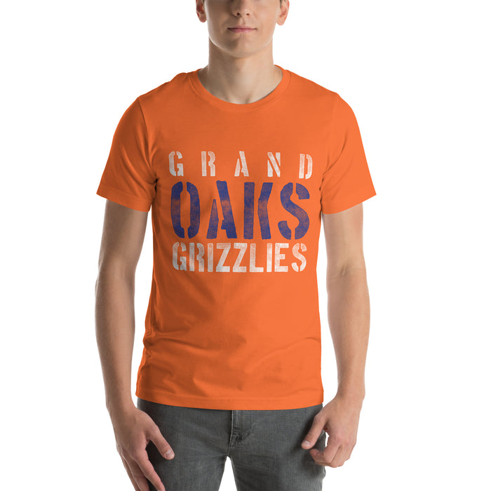 Man wearing a Grand Oaks High School Grizzlies Premium Orange Unisex T-shirt 17