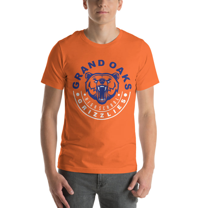 Man wearing a Grand Oaks High School Grizzlies Premium Orange Unisex T-shirt 19