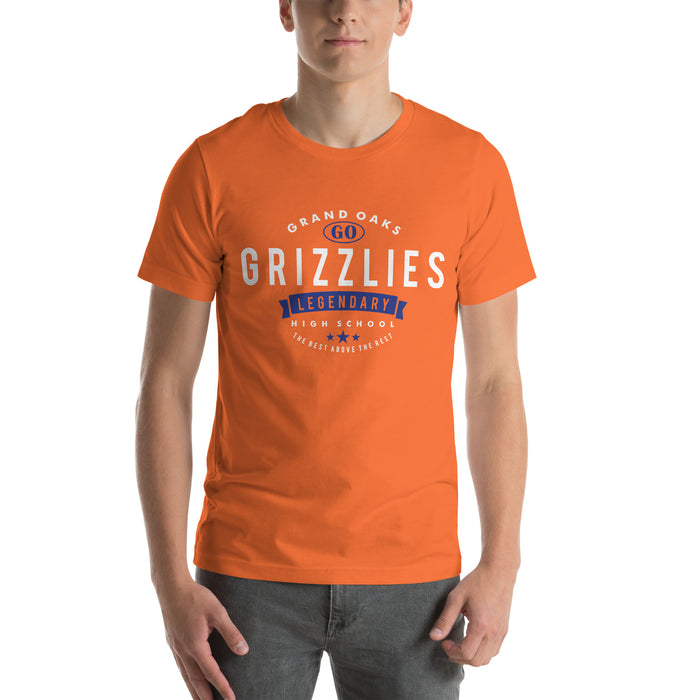 Man wearing a Grand Oaks High School Grizzlies Premium Orange Unisex T-shirt 44