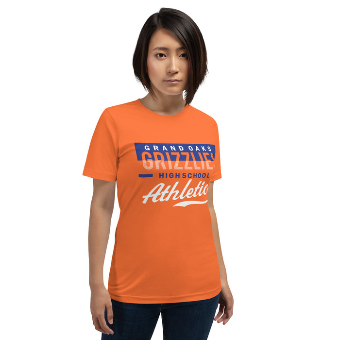 Woman wearing a Grand Oaks High School Grizzlies Premium Orange Unisex T-shirt 48