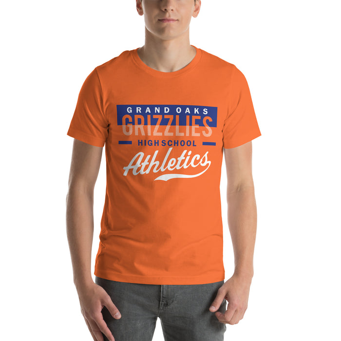 Man wearing a Grand Oaks High School Grizzlies Premium Orange Unisex T-shirt 48