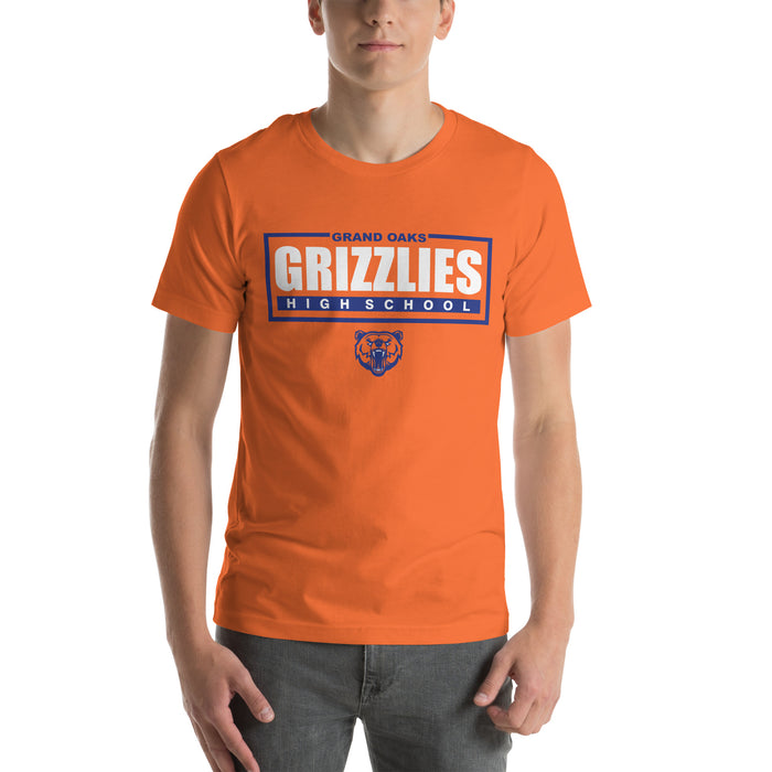 Man wearing a Grand Oaks High School Grizzlies Premium Orange Unisex T-shirt 49