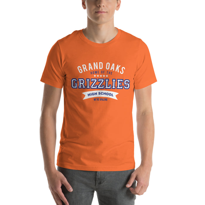 Man wearing a Grand Oaks High School Grizzlies Premium Orange Unisex T-shirt 96