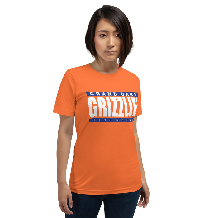 Woman wearing a Grand Oaks High School Grizzlies Premium Orange Unisex T-shirt 98