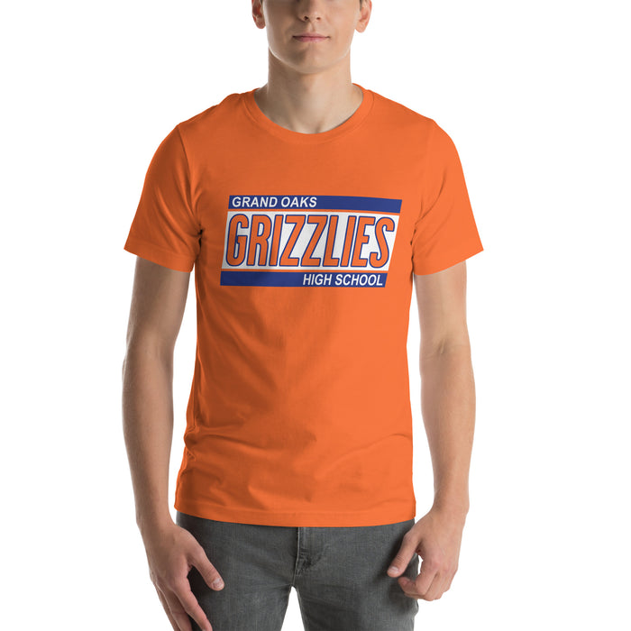 Man wearing a Grand Oaks High School Grizzlies Premium Orange Unisex T-shirt 72