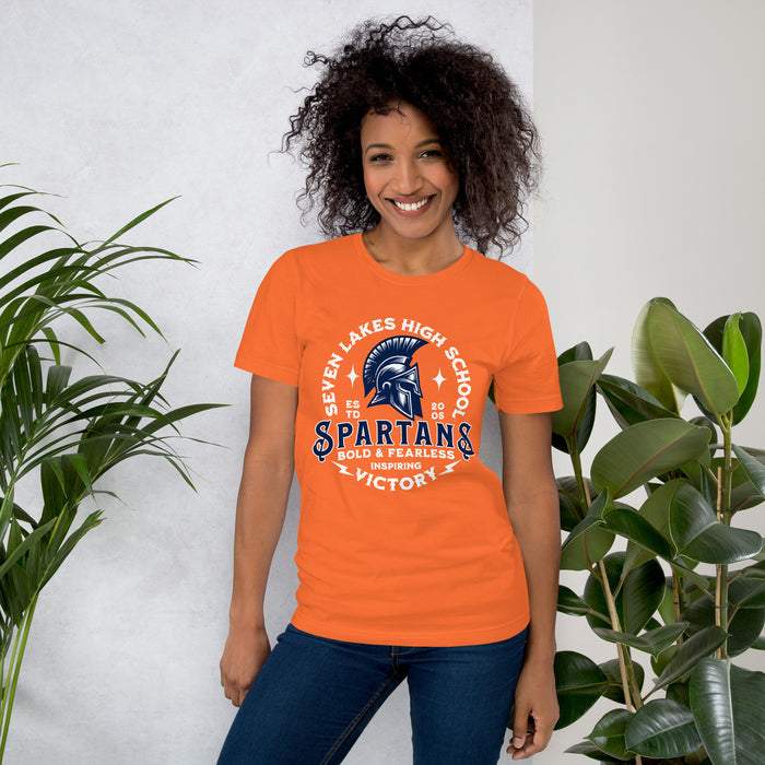 Woman wearing Seven Lakes High School Spartans Orange Premium Unisex T-shirt 206