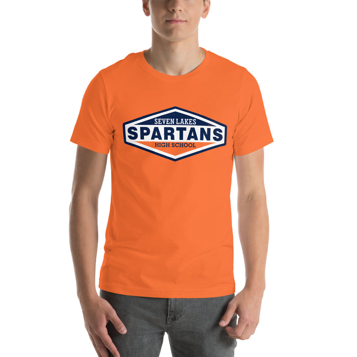 Man wearing Seven Lakes High School Spartans Orange Premium Unisex T-shirt 009