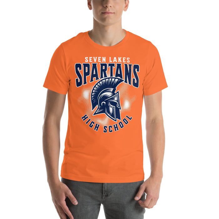 Man wearing Seven Lakes High School Spartans Orange Premium Unisex T-shirt 213