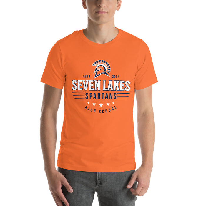 Man wearing Seven Lakes High School Spartans Orange Premium Unisex T-shirt 217