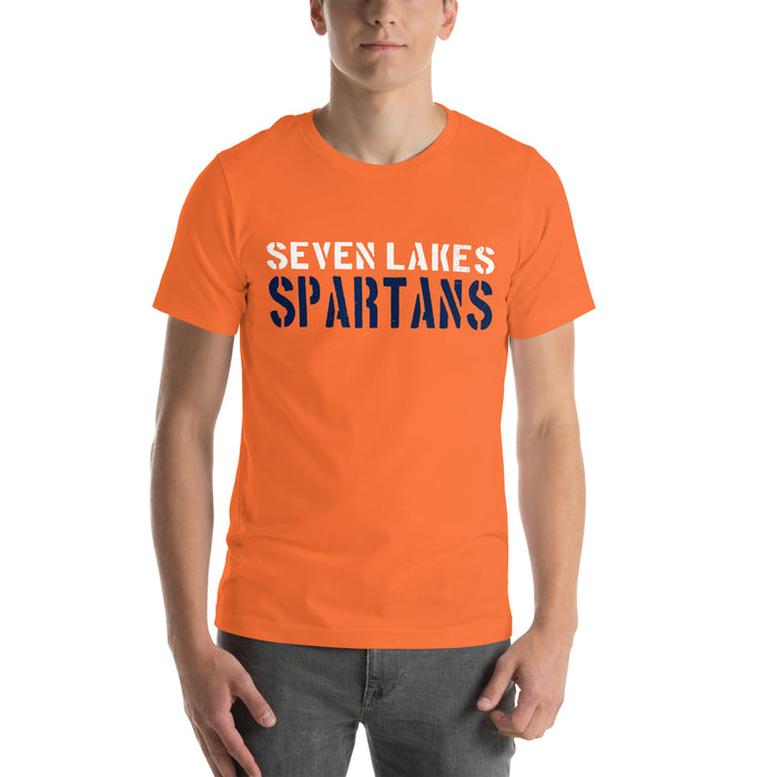 Man wearing Seven Lakes High School Spartans Orange Premium Unisex T-shirt 017