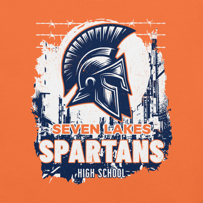 Close-up view of Seven Lakes High School Spartans Orange Premium Unisex T-shirt 202