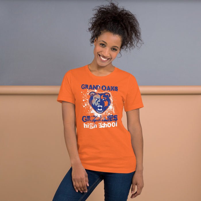 Woman wearing Grand Oaks High School Grizzlies Premium Orange Unisex T-shirt 205