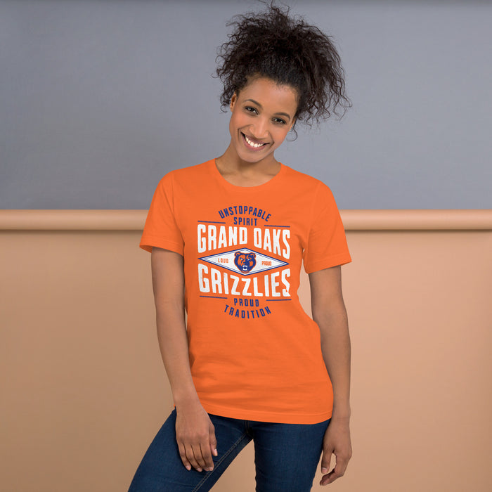 Woman wearing Grand Oaks High School Grizzlies Premium Orange Unisex T-shirt 210
